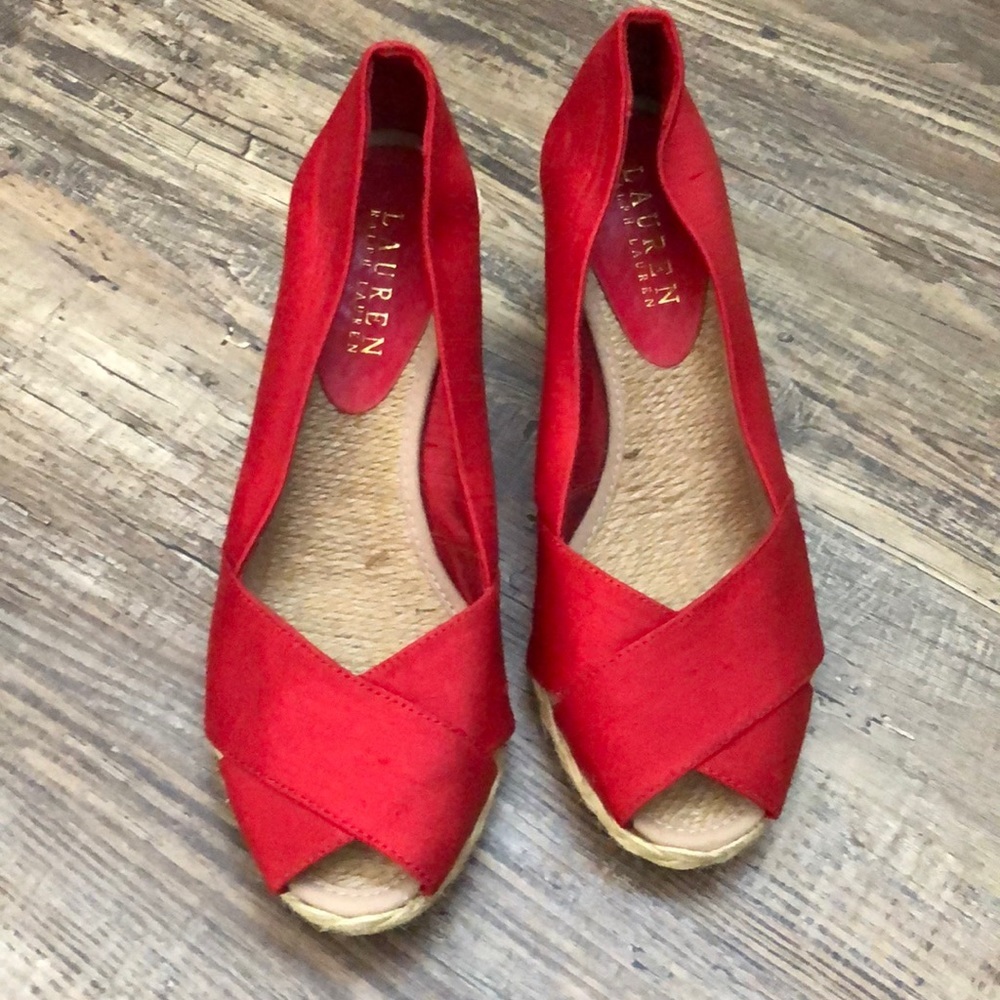 Gorgeous Lauren RL Red Peep Toe Wedges 7 Great Condition